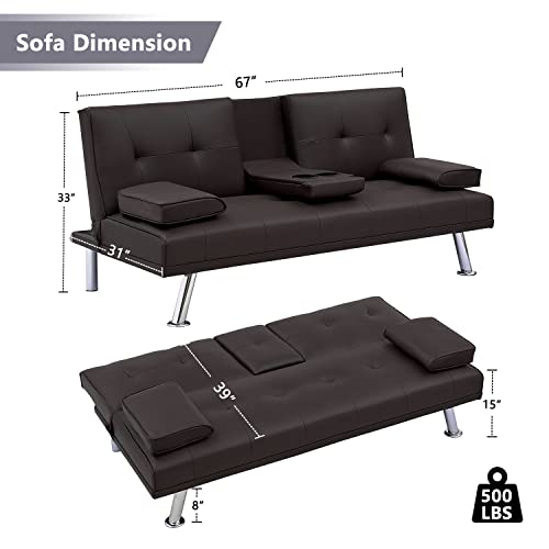 Dklgg Modern Futon Sofa Bed, Faux Leather Upholstered Sofa Couch, Convertible Sleeper Sofa With Removable Armrests 2 Cup Holders Couch Sofa Sleeper For Small Space, Home, Living Room, Apartment #TOP1