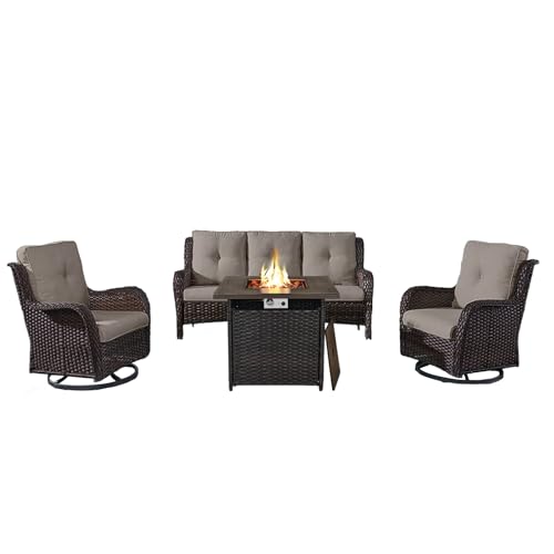 Outdoor Patio Furniture Set with 50000BTU Propane Fire Pit Table, 4 Pieces Wicker Patio Conversation Set with 2 Swivel Rocker Glider Chairs Rattan Sofa Grey Cushion Perfect for Gathering