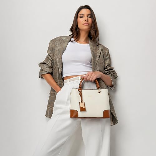 Image of EXOTIC Premium Caramel Edge Structured Handbag for Women | Dual Tone Satchel Bag | Multi-Compartment | Top Handle with Adjustable Sling Strap | Textured PU Leather