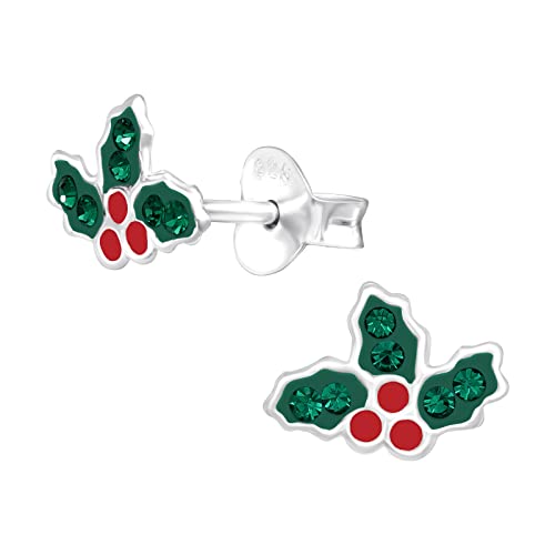 Image of Holly Leaf Earrings with Crystal Stones - 925 Sterling Silver - Christmas