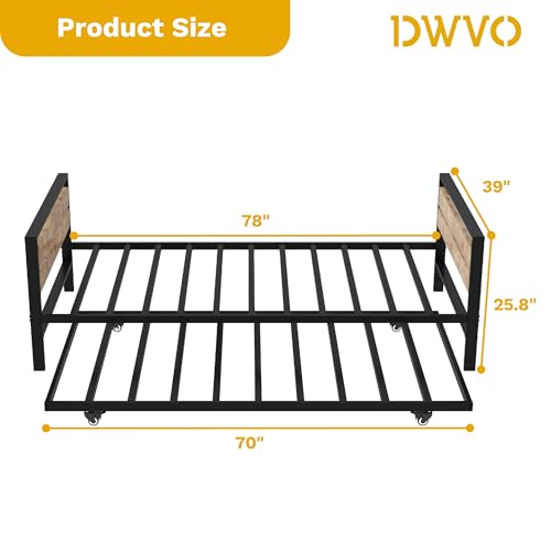 DWVO Twin Daybed with Trundle, Metal Sofa Bed Frame with Wood Headboard and Pull-Out Trundle, Adjustable Height Trundle Daybed for Guest Room, Living Room, Easy Assembly, Black