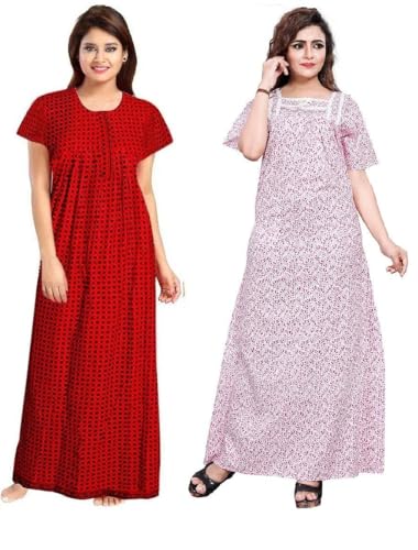 Image of YUKATA Nighty for Women Cotton Printed Maxi Gown Ankle Length Nighty Night Dress Gown for Women Maxi - Free Size (Pack of 2)