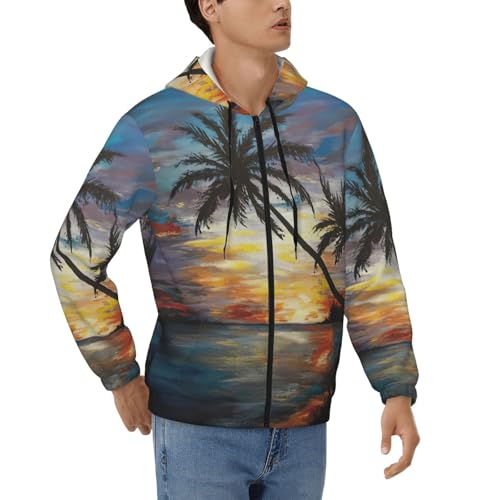 Sweat à capuche zippé homme imprimé coucher de soleil tropical et manches longues confort
