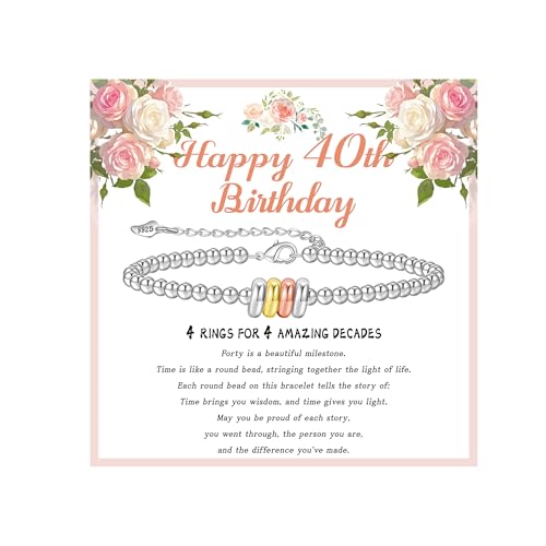 Senteria 40th Birthday Gifts for Women,Sterling Silver Bead Bracelet Adjustable Silver Bracelets with Cards Birthday Bracelet Gifts for Mum Daughter Sister Grandma