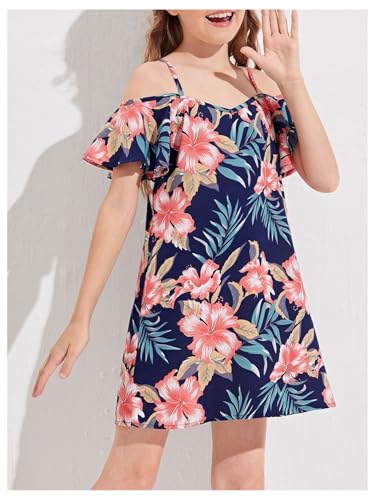 Milumia Girl's Tropical Print Cold Shoulder Dress Ruffle Short Sleeve Boho Short Dresses2