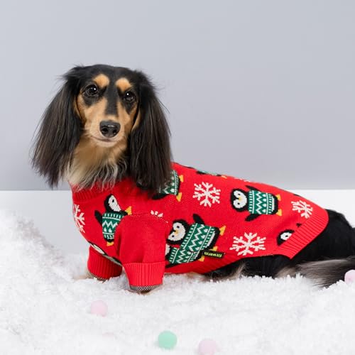 Image of Fitwarm Funny Penguins Dog Ugly Christmas Sweater, Winter Dog Clothes for Small Dogs Girl Boy, Pet Xmas Outfit, Green, Red, White, Large