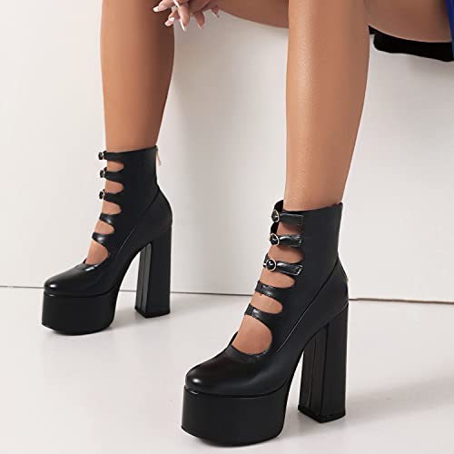 LEHOOR Chunky High Heel Platform Mary Jane Pumps for Women Round Toe Strappy Caged Sandal Booties Zipper 4" Block Heel Triple Ankle Strap Mary Janes Bow Buckle Lightweight Matte Party 4-11 M US4