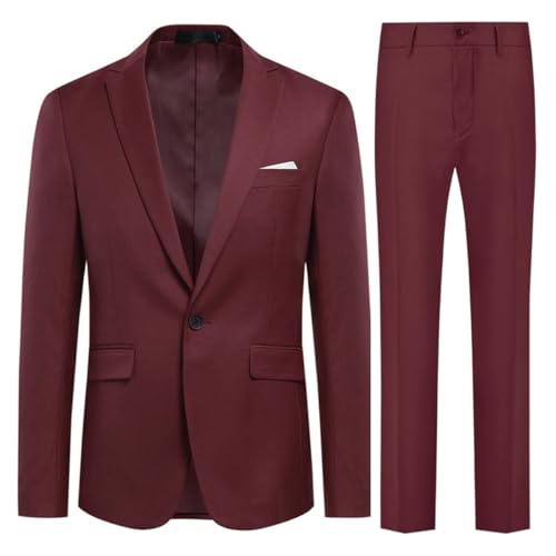 Allthemen Traje de Hombre de 2 Piezas Monocolor con un botón y Abertura en la Parte Trasera (Blazer + Pantalones) Vino Rojo XL