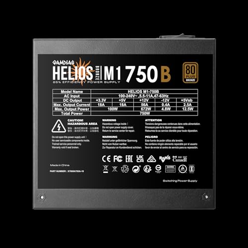 Image of GAMDIAS Helios M1 750B Power Supply Unit, 750W 80 Plus Bronze, Non-Modular, ATX 12V V2.4, Support C6 /C7 Power State, 120mm Hydraulic Bearing Fan, Flat Black Cables - 3 Year Warranty