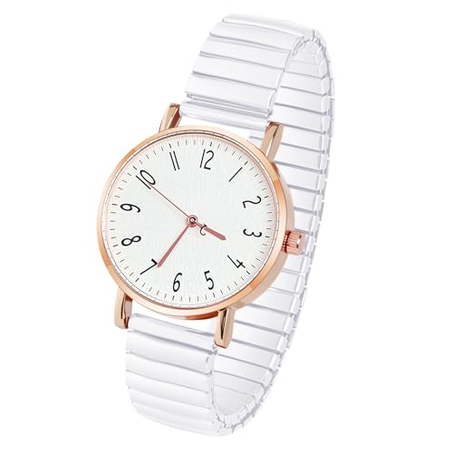 AOOSU Damenuhr Stretch Armband, Damen Analog Quarz Uhr Elastisch Armbanduhr Große Ziffern Uhren Damen Einfache Lässig Quarzuhr Kleideruhr Klare Lesbare - Weiß