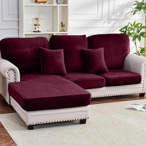 Image of Couch Cover 6-Piece Elastic Velvet Couch Cushion Covers & Chaise Slipcovers for L-Shaped Sofas, Sofa Seat Covers Washable, Soft Cover for Couches (5 Seater + Chaise, Wine)