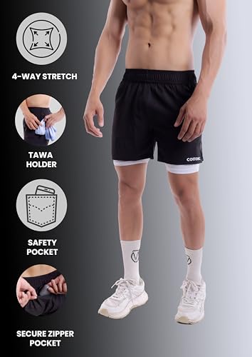Image of COITONIC 2 in 1 Active Dual Black Shorts with Inner Tights Layer | Men's Double Layer Short for Running, Gym & Sports