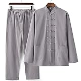 YSVQHHDV Men's Meditation Outfit Spring Autumn Comfortable Breathable Cotton Linen Prayer Clothing Christmas Halloween Birthday Gift (Gray,4X-Large)
