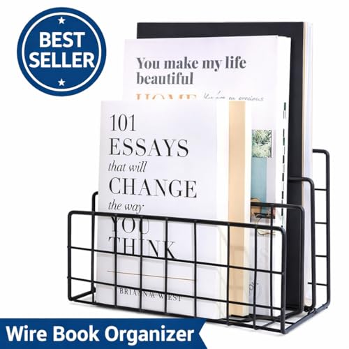 Image of File and Magazine Holder - Book Shelf Organiser Small Book Shelf for Table Metal Letter Organiser with 3 Compartments, Desk Table Decor, Letter Document Sorter (Black)