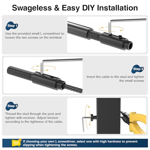 Image of [Patent] Gyykzz 24 Pack Black Swageless Invisible Cable Railing Kit | Reusable Fitting for 1 /8 inch Cable, T316 Stainless Steel, Screw-Locking Hardware, No Crimping Required, Fit for 2 inchx2 inch Metal Post