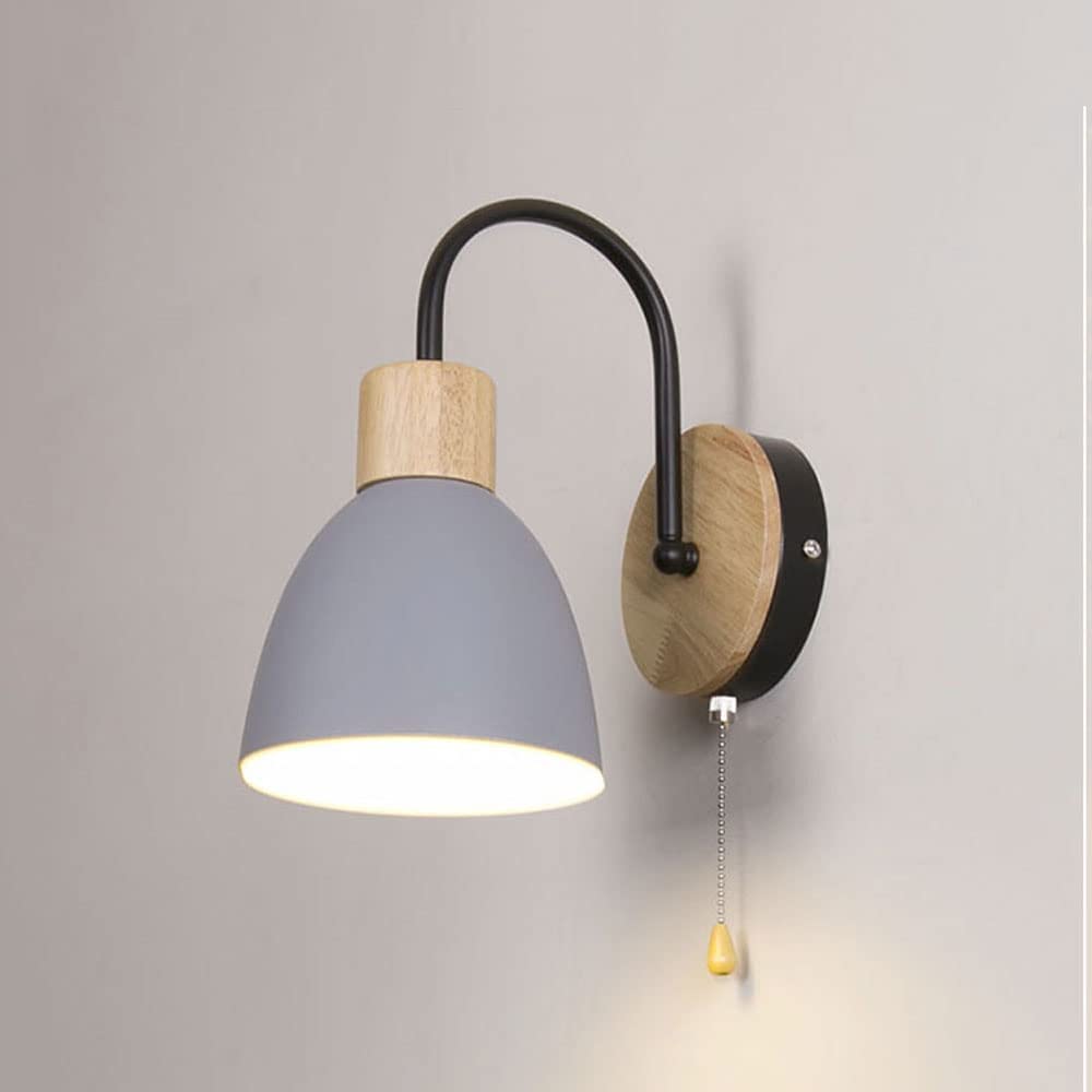 Moderne Nordic Hardwired Wandlamp - Houten Wandlamp met Trekkoordschakelaar - Slaapkamer Nachtkastje Hoofdeinde Verlichting Wandmontage Lampen voor Studeerkamer, Gang, Foyer (zwart-grijs) wisdom