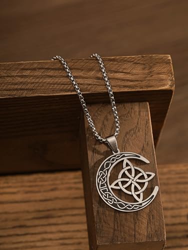HAQUIL Celtic Knots Necklace, Stainless Steel Celtic Crescent Moon Triquetra Knot Pendant, Box Chain, Celtic Jewelry Gift2