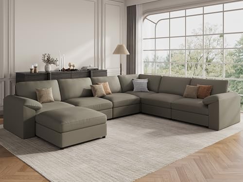Image of EASE MOOSE Faux Leather Sectional with Ottoman, Oversized Modular Couch, Modular Sectional Sofa with Deep Seat, Scratch Resistant Faux Leather Material, U Shaped Couch for Big Spaces, Light Grey
