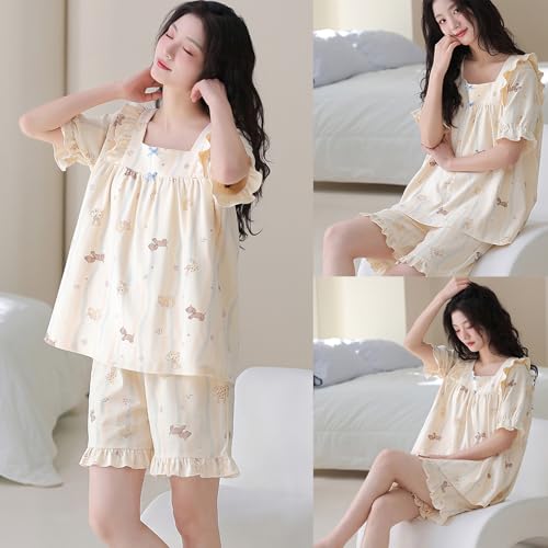 Pijama de algodón de dos piezas con camiseta y shorts de mujer para ropa de dormir 2