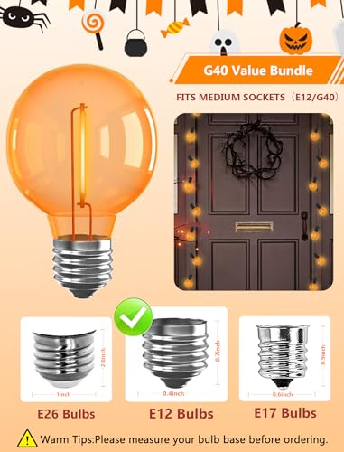 Image of 25 Pack G40 Orange LED Replacement Light Bulbs, Shatterproof Halloween G40 LED Orange Globe Lights Bulbs for Outdoor String Lights Patio Party Decor, 0.6W, E12 /C7 Candelabra Base, 2700K Warm White