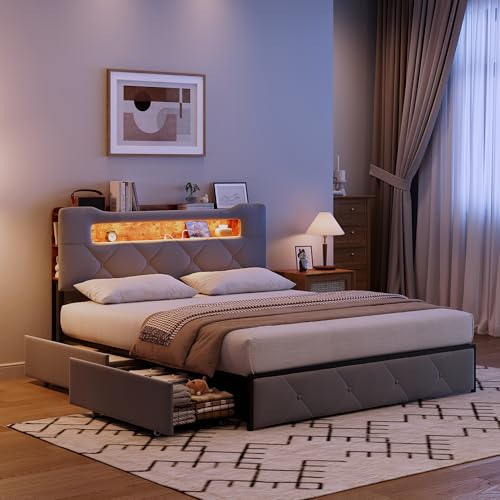 LIVLUX Lit 140x190 avec Sommier LED et USB,lit Double rembourré avec sommier à Lattes et 4 Tiroirs,Tete de Lit avec Rangement,pour Adultes et Adolescents,Velours (Gris...
