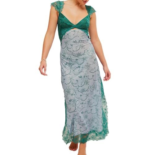 Image of Women Sexy Lace Patchwork Mesh Dress Floral Print Cutout Sweetheart Neck Backless Slit Summer Maxi Dress