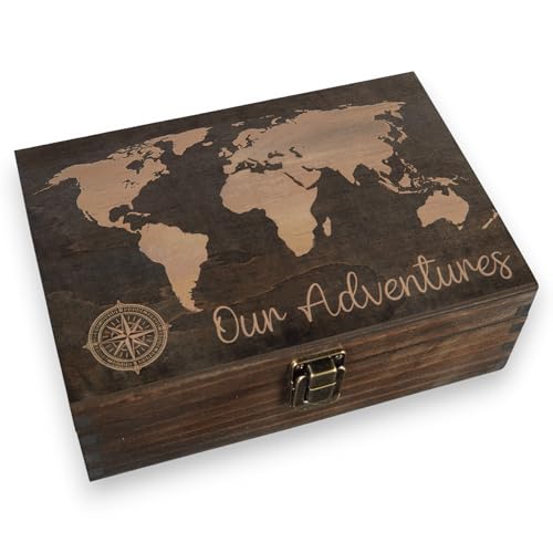 Engraved Adventure Memory Box Wooden Keepsake Box for Travel Memories Camping Couples and Valentines Day Rustic Storage Medium Size Dark Walnut 8.5 x 6 x 3 in