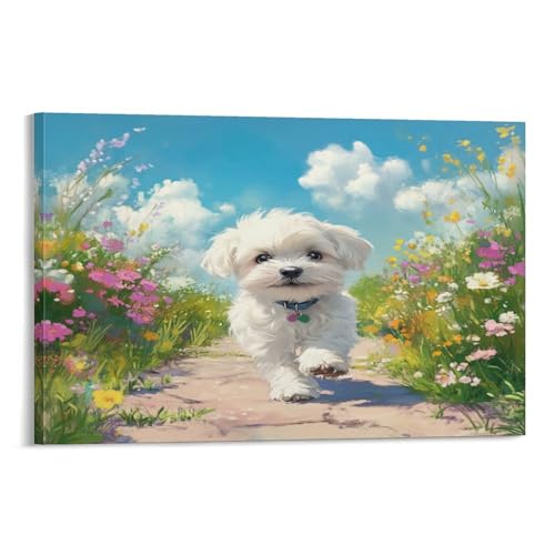 Chien maltais peinture sur toile pour habiller un mur vide 40x60