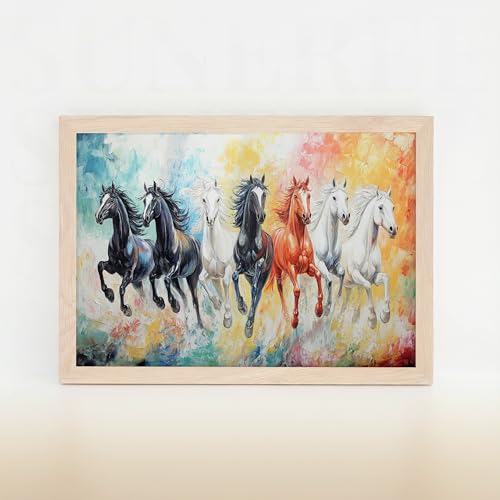 Image of Suneree 7 Horse Vastu Wall Painting - Abstract Colorful Running Horses Framed Wall Art for Living Room & Office Decor (Natural, Design 12, 10x13 Inch)