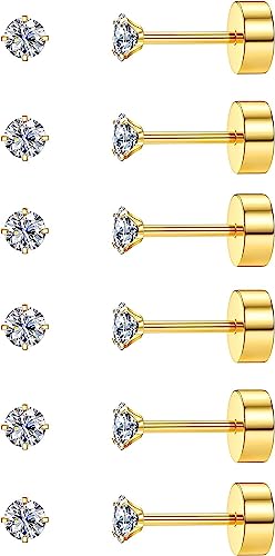 Diamday Juego de 6 pares de aretes de cartílago para mujeres, hombres, niñas, parte trasera plana, acero quirúrgico 316L, trago, circonita cúbica, joyería hipoalergénica Oro(2MM)