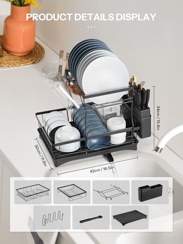 Yabano 2 Tier Dish Drainer, Multifunctional Dish Drainer Rack, Rustproof Kitchen Dish Drying Rack with Drainboard & Utensil Holder, Space-Saving Dish Rack for Kitchen Counter - Image 6