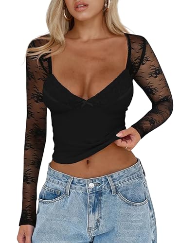 CSDAJIO Women's Sexy Going Out Tops for Women Sweetheart V Neck Long Sleeve Lace Top Low Cut Shirt Black Small