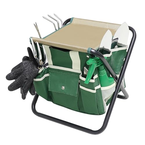 LeMotech Garden Tool Set,10 Pieces Heavy Duty Gardenting Tool Kit, Folding Stool with Detachable Tote Bag, Stainless Steel Tools (Trans-Planter,Trowel,Weeder) for Women Men