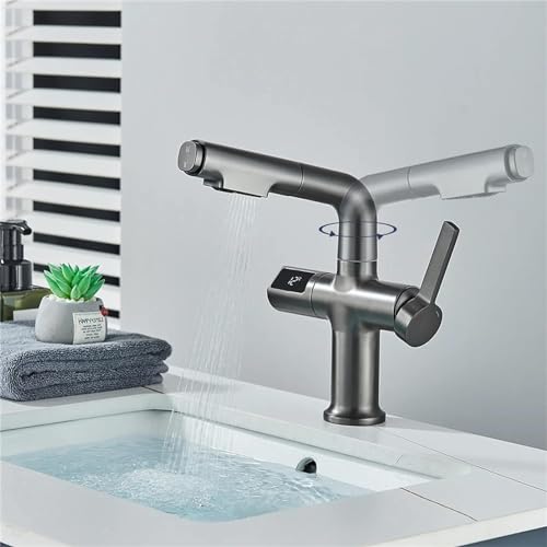Robinet de lavabo de salle de bain extractible eau chaude et froide gris - 6