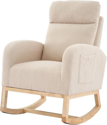 OUTGOODS Nursery Rocking Chair, Comfy Modern Glider Rocking Chair with High Backrest and Armrest, Teddy Upholstered Rocking Accent Chair with Side Pockets for Living Room, Bedroom, Office,Beige