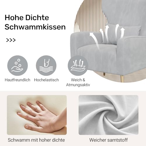 Hawthyhome 2er-Set Relaxsessel/Einzelsofa/Fernsehsessel/Ohrensessel mit Kopfkissen und Gold Metallfüßen aus Samt bis 130kg Schlafzimmer Wohnzimmer Gray