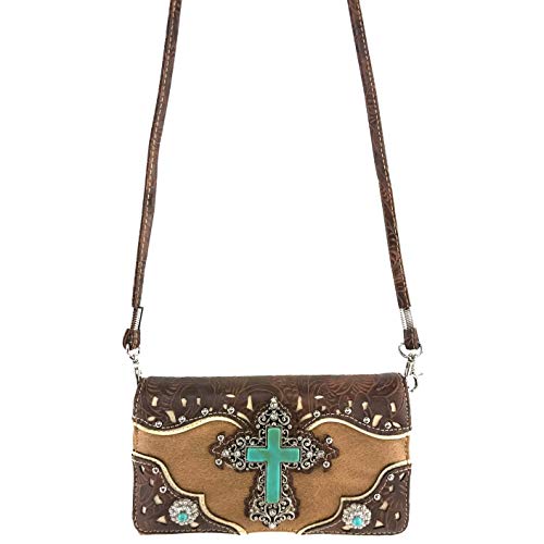 Zelris Turquoise Rhinestone Cross Western Women Crossbody Wrist Trifold Wallet4
