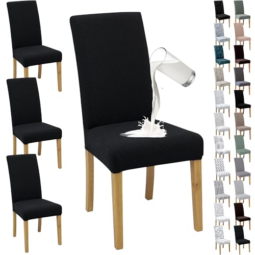 DREAHOTEXTIL Fundas elásticas Jacquard para sillas (Juego de 4/6/8 Piezas con Respaldo) Adorno clásico con Motivo Jacquard para salón, Comedor, Oficina y Mucho más. (4, Negro)