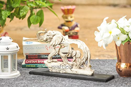 Image of Resin Elephant Statue with Baby Elephant Animal Figurine On Wooden Base for Feng Shui and Vaastu Statue (23X6X16 cm, Off White)