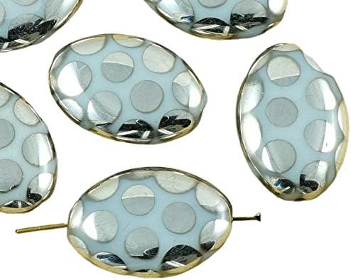6pcs Large White Silver Dotted Czech Glass Flat Oval Beads 20mm x 14mm