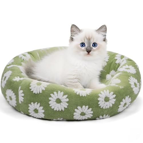 Due Felice Donut Dog Bed for Small Dogs 20 Inch Round Cat Beds for Indoor Cats Circle Cuddler Pet Bed Fluffy Warm Puppy Bed Removable Washable Cover Anti-Slip Bottom, Green Flower