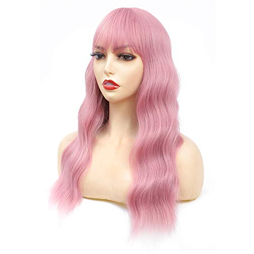 Wigs for Women Long Wavy Wig with Bangs Natural Synthetic Hair Wigs Heat Resistant Daily Party Full Wigs (18 Inch, Pink)