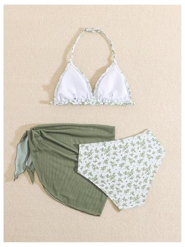 Image of Milumia Girl's 3 Piece Bikni Set Ditsy Floral Halter Swimsuit with Cover Up Skirts