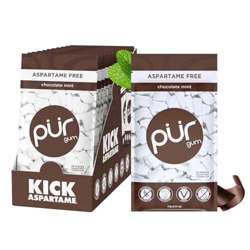 Image of PUR Gum | Aspartame Free Chewing Gum | 100% Xylitol | Natural Chocolate Mint Flavored Gum, 55 Pieces (Pack of 12)