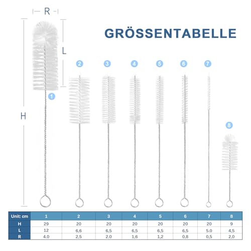 Flaschenbürste, 8 Stück Nylon Reinigungsbürsten Set Zum Milchschlauchbürste für Kaffeevollautomat, Strohhalme Bürste,Pfeifenreiniger Bürste, Flaschenbürste (Weiß)