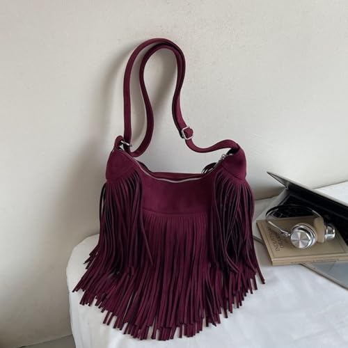 Image of Women Vintage Suede Fringe Hobo Bag Tote Shoulder Bag Crossbody Bag and Hippie Western Cowgirl Purse Shoulder Bag
