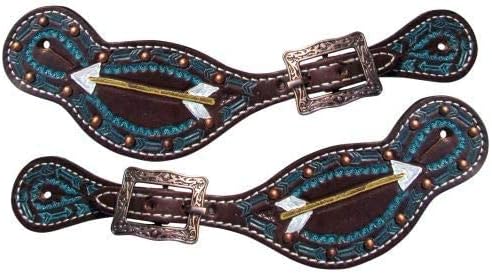 Showman Ladies Dark Brown Leather Spur Straps w/Painted Turquoise Arrow Design