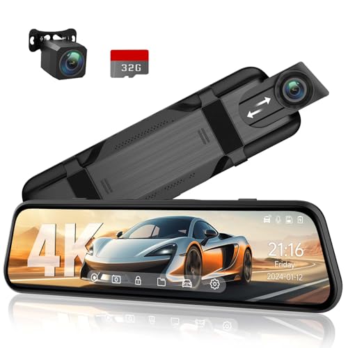 Veement 4K Rear View Mirror Camera, 10'' 4K Mirror Dash Cam with 1080P Backup Camera, Dash Cam Front...
