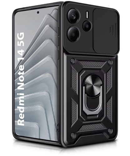 Image of WOW IMAGINE Tough Armor Bumper Mobile Back Case for Redmi Note 14 SE 5G | Redmi Note 14 5G Sliding Camera Cover | Shock Proof 360 Protection | Hybrid PC + TPU | Ring Holder with Kickstand - Black