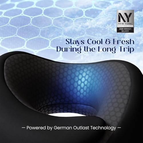 Image of Dream Valley Neck Travel Pillow, Memory Foam Travel Pillow for Airplane, Portable Roll-Up Neck Pillow with Cooling Inner Fabric, 360 Ergonomic Support, No Head Bobbing, Black